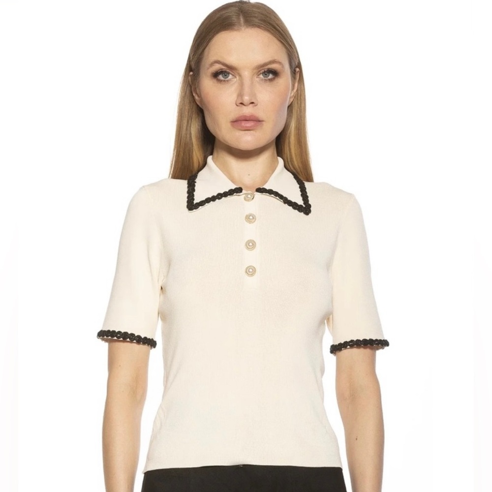 Alexia Admor Cream Black Brianna Collared Pearl Buttons Blouse Top Size Medium
